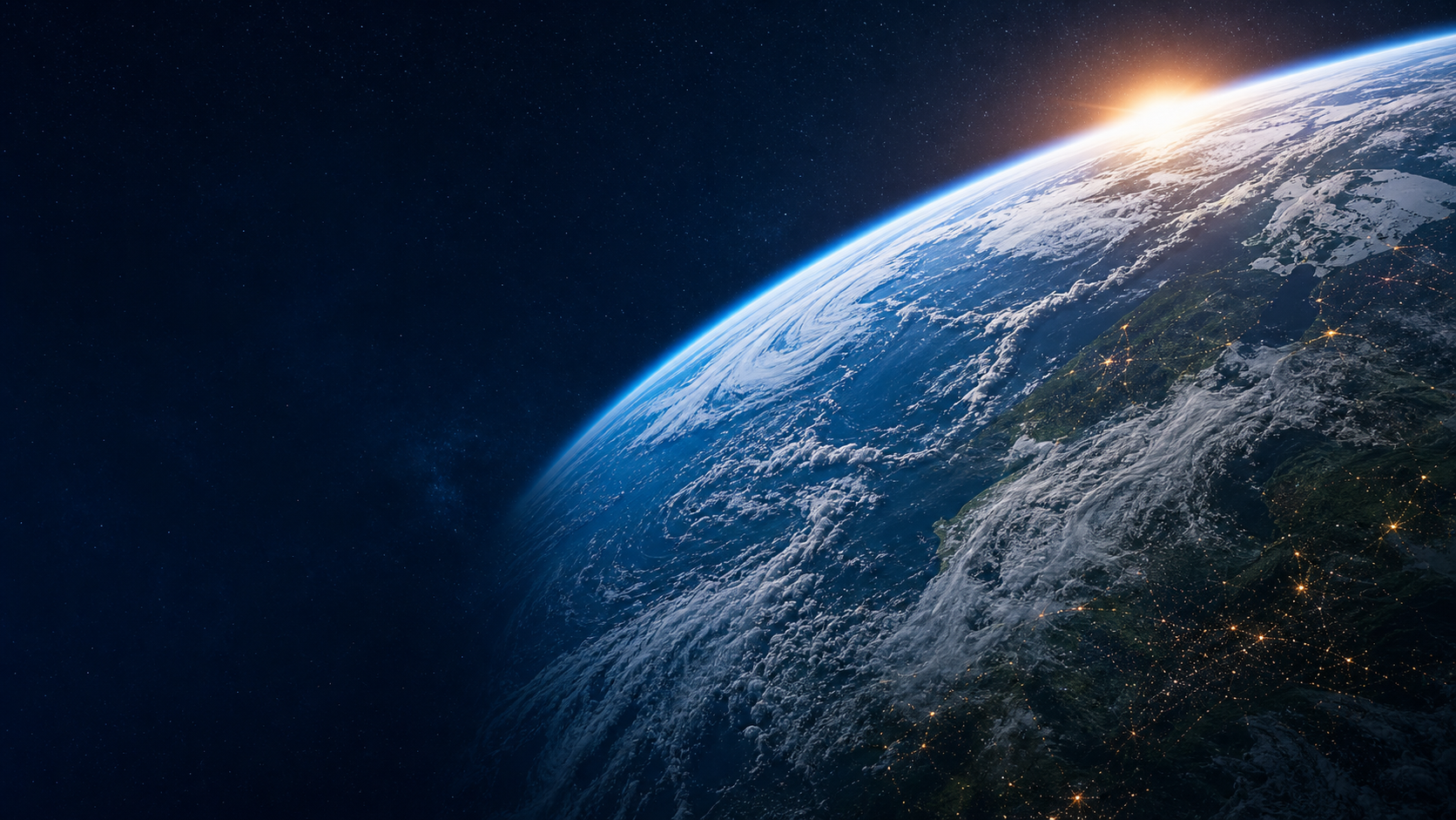 Orbital Earth system hero visual with atmospheric clouds and sunrise