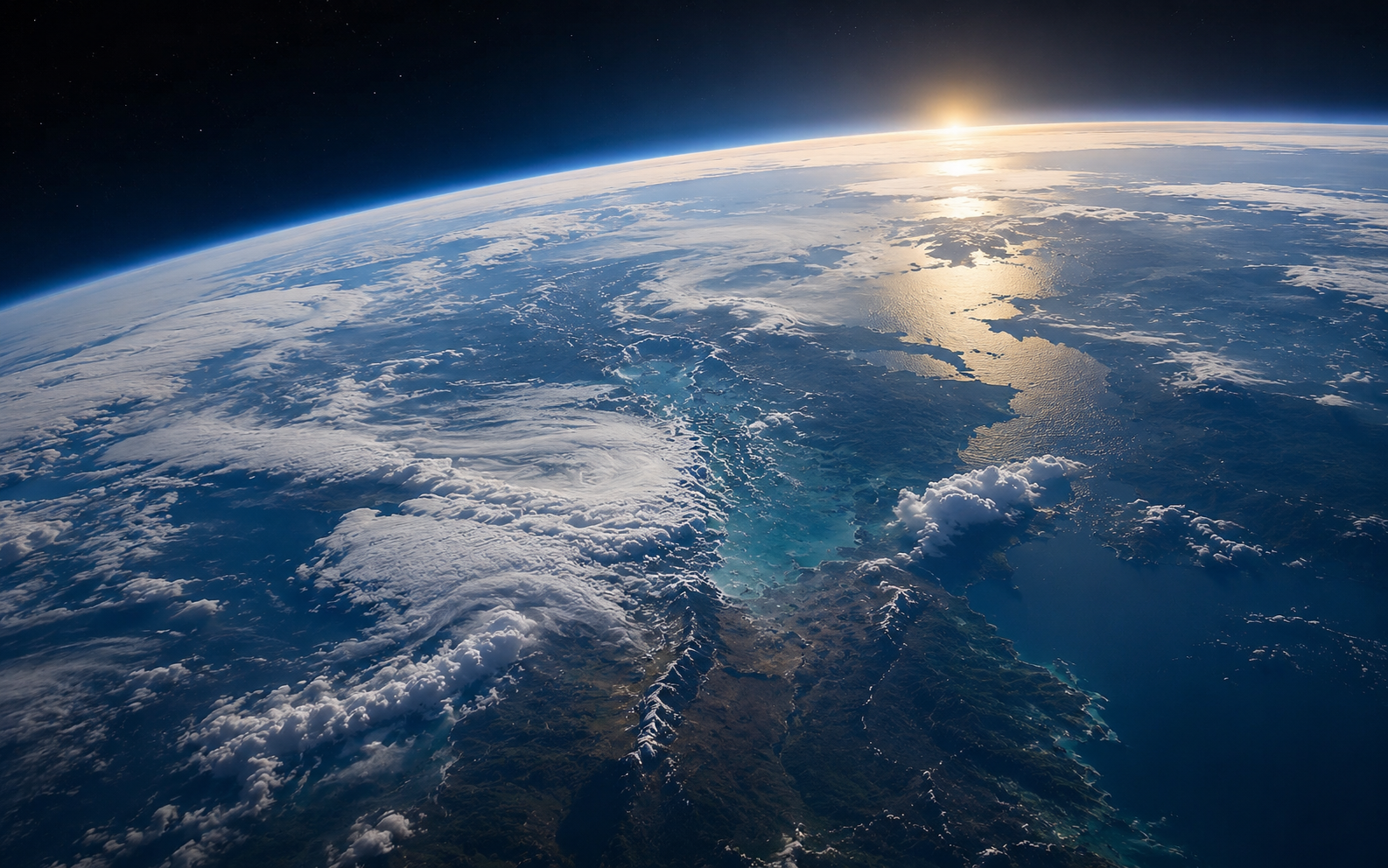Orbital Earth view with clouds, coastline, ocean and sunrise