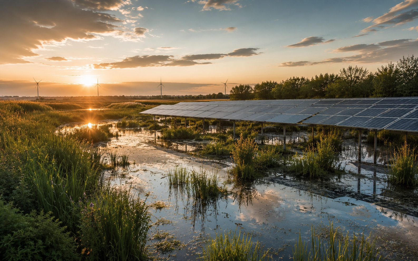 Solar panels and wind turbines integrated with wetland vegetation at sunset