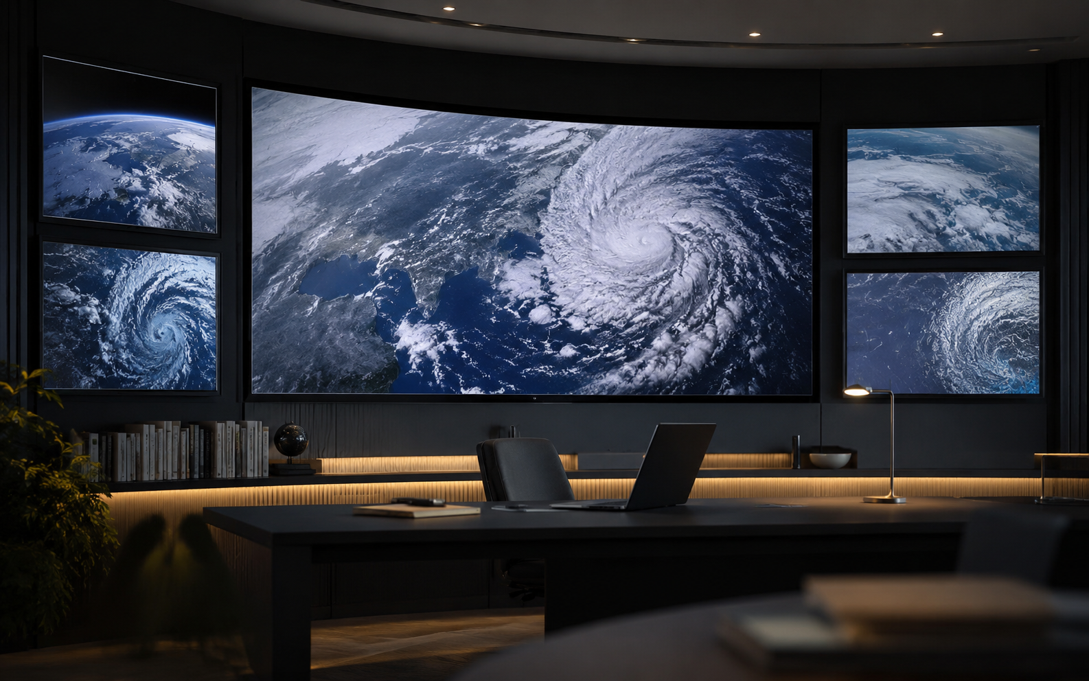 Climate monitoring workspace with satellite storm imagery on large screens